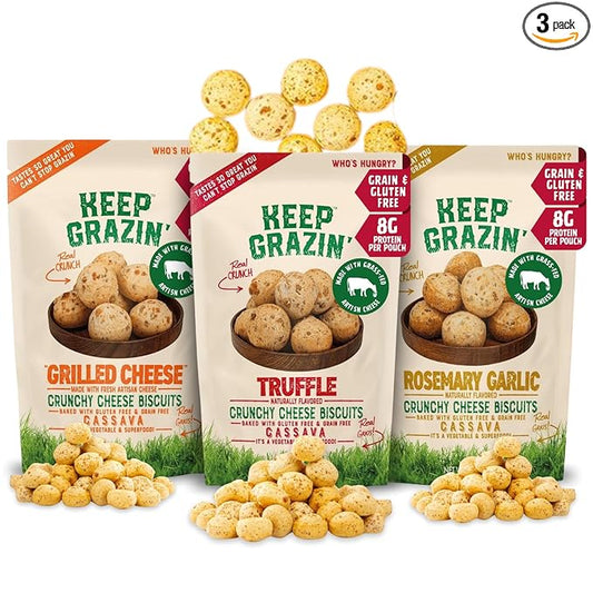 Keep Grazin Grain Free Crunchy Cheese Biscuits - Variety Pack | 2.12 Ounce (Pack of 3) | Gluten & Sugar-Free, Non-GMO Protein Snacks - Baked with 100% Grass-Fed Cheese & Cassava Flour