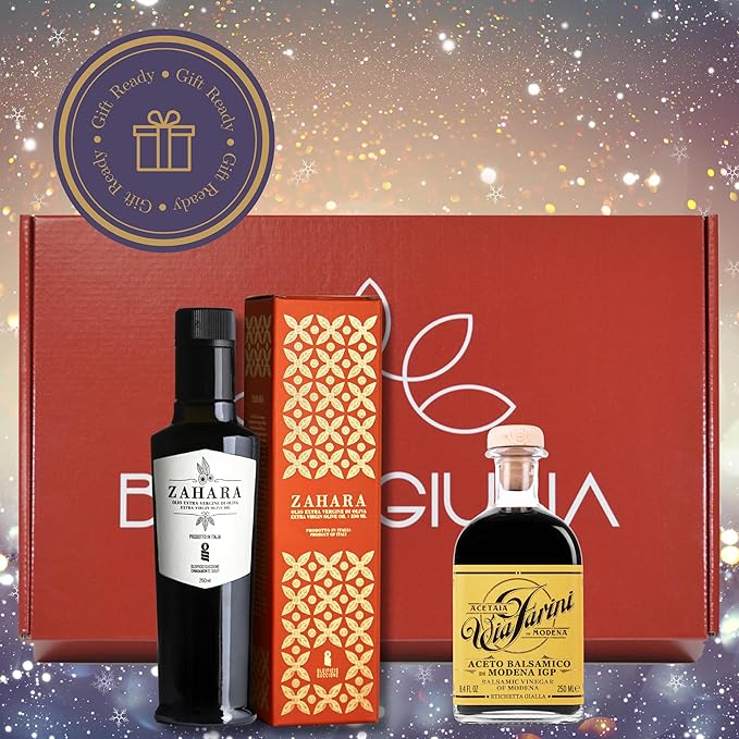Brava Giulia Gift Box – Sicilian Extra Virgin Olive Oil and Via Farini Aged Balsamic Vinegar of Modena – Imported from Italy – 2 Bottle Set (8.45 fl oz Each)