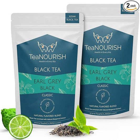 TeaNOURISH Earl Grey Black Tea | Assam Loose Leaf Black Tea Enriched with Natural Bergamot Extract | Full Bodied with Citrusy Notes - 3.53oz/100g (Pack of 2)