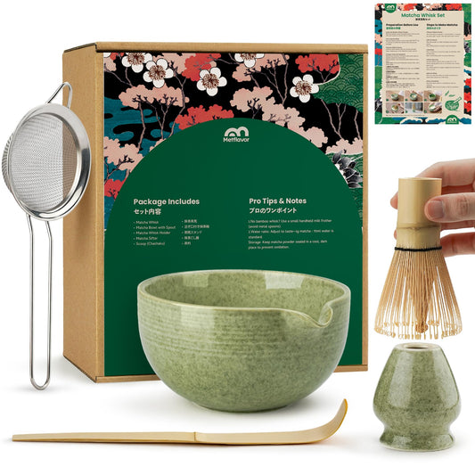 Matcha Whisk Set, Ceramic Bowl Matcha Kit & Handcrafted Bamboo Chasen, Complete 5 Pcs Matcha Set
