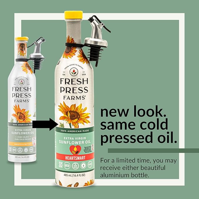 Fresh Press Farms Cold Pressed Extra Virgin Sunflower Oil, 16.4 Fl Oz (Pack of 2), High Oleic, Georgia Grown, 100% American Made, Unrefined, Certified Whole30, Non-GMO, Keto, Paleo, Gluten Free
