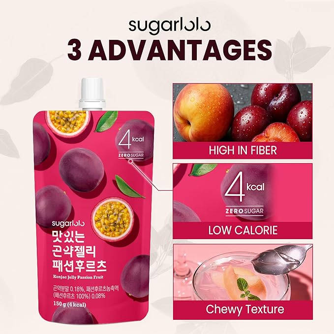 Sugarlolo Konjac Sweet Passion Fruit Jelly Snack - Vegan Jello with Zero Sugar | Only 4 Calories per Pouch | Low Calorie Korean Snacks | 5.29 Oz (150g) | 10 Pack