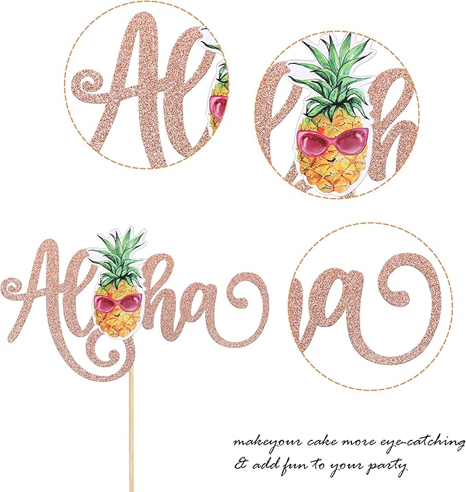 1 Pack Aloha Cake Topper Glitter Pineapple Summer Hawaiian Cake Pick Tropical Fruit Cake Decorations for Summer Baby Shower Aloha Hawaiian Theme Birthday Party Supplies Rosegold