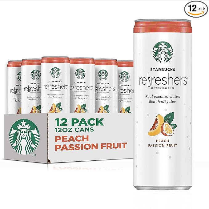 Starbucks - RTD Coffee, Refreshers with Cocounut Water, Peach Passion Fruit, 12 fl oz. cans (12 Pack) (Packaging May Vary)