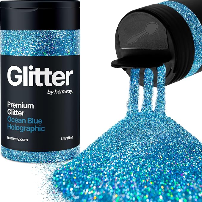 Hemway Premium Glitter Shaker - Ocean Blue Holographic | 130g Ultrafine Metallic Flake Sequins for Resin & Epoxy Crafts | Craft Supplies for Tumblers, Festival, Art