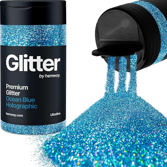 Hemway Premium Glitter Shaker - Ocean Blue Holographic | 130g Ultrafine Metallic Flake Sequins for Resin & Epoxy Crafts | Craft Supplies for Tumblers, Festival, Art