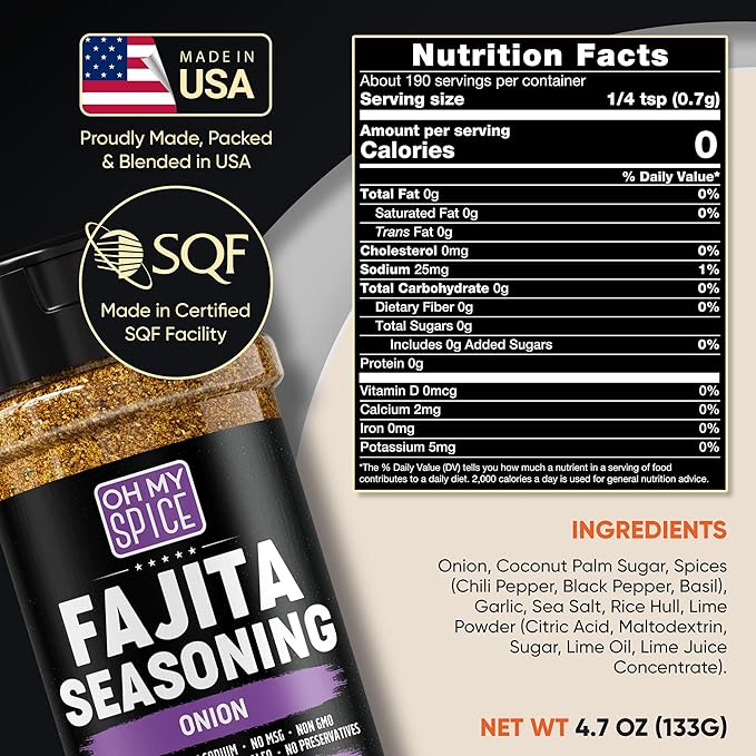 Fajita Seasoning Mix Onion Powder Seasoning - Gluten Free & Low Sodium Mexican Seasonings Blend for Meat & Vegetables, Fish, Steak & Chicken Fajita. Taco Mix Spices. Fajitas Seasonings Spice. 4.7oz