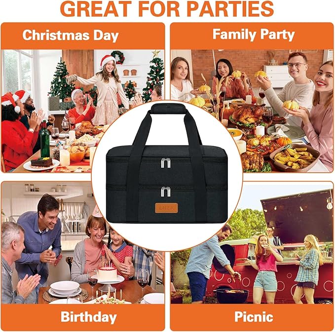 LHZK Double Insulated Casserole Carrier, Expandable Casserole Carriers for Hot or Cold Food, Insulated Food Carrier for Travel, Parties, Picnic, Fits 11 x 15 or 9 x 13 Baking Dish(Black)
