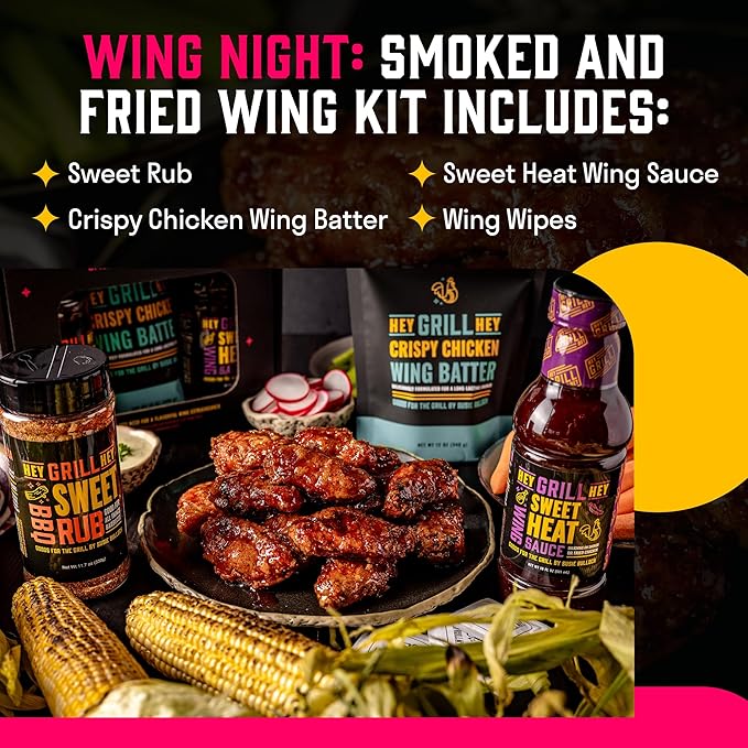 Hey Grill Hey | Chicken Wing Seasoning & Sauce Kit | All-in-one Crispy Batter, BBQ Rub, and Sweet Heat BBQ Sauce | Wing Night: Smoked & Fried Wing Kit