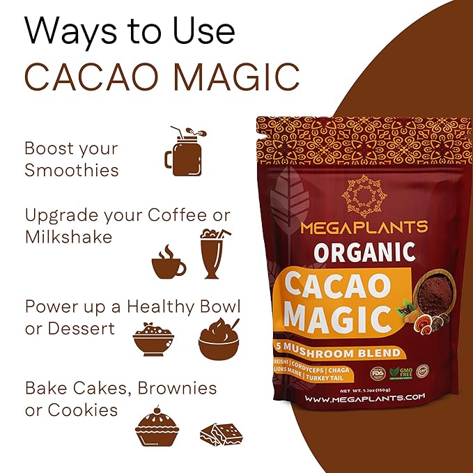 MegaPlants Cacao Magic (50 Servings) | Superfood 5 Mushroom Blend | Lions Mane, Reishi, Chaga, Cordyceps, Turkey Tail | Smoothie, Hot Chocolate, Coffee Alternative