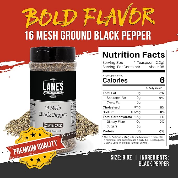 Lane's 16 Mesh Ground Pepper Seasoning, All-Natural Coarse Black Pepper Ground Spice, No Preservatives Coarse Ground Black Pepper, Made in USA, 8 Oz