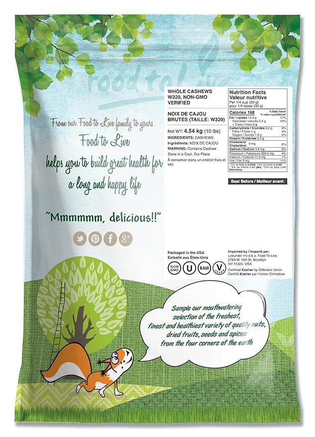 Food to Live - Raw Cashews, 10 Pounds ??Deluxe Whole Nuts, Unsalted, Unroasted Fancy Snack, Size W-320, Kosher, Vegan, Bulk, Rich in Magnesium