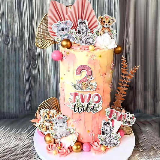40 PCS Two Wild Cake Topper 2nd Birthday Party Girl Safari Animal Cake Decorations Pink Two Wild 2 Birthday Decor Jungle Cake Toppers Baby Shower