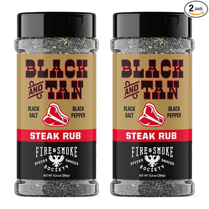 Fire & Smoke Society Black & Tan Steak Seasoning | BBQ Rubs, Steak Rub for Smoking and Grilling Meat | Steaks, Brisket, Burgers Dry BBQ Rubs and Spices | XL 13.6 oz (2-Pack)