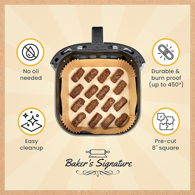 250 pcs Air Fryer Liners, Disposable Airfryer Paper Liners ??Non-Stick and Oil Proof for Easy Cleanup, Great for Oven, Pans & Baking ??8??Square for 5-8 qt Basket by Baker's Signature