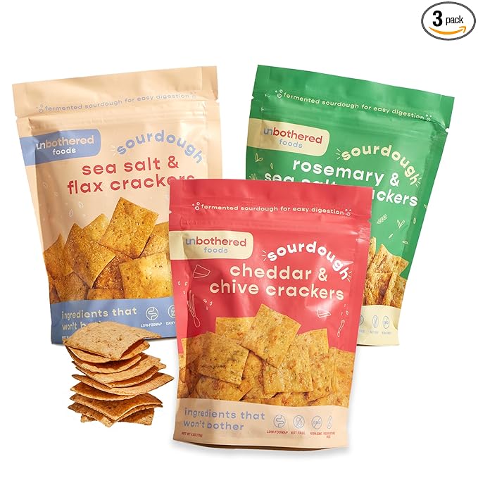 Unbothered Foods Sourdough Crackers - Gut-Friendly & Easy to Digest, Non-GMO, No Added Sugar, Nut-Free, Perfect for Cheese & Snacks, 100% Naturally Fermented - 3 Flavor Variety Pack