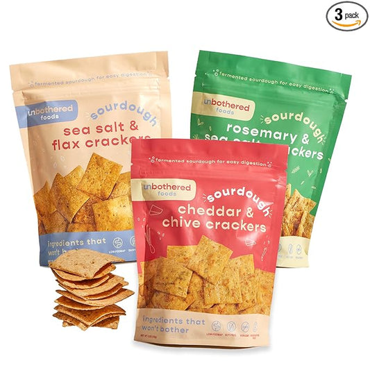 Unbothered Foods Sourdough Crackers - Gut-Friendly & Easy to Digest, Non-GMO, No Added Sugar, Nut-Free, Perfect for Cheese & Snacks, 100% Naturally Fermented - 3 Flavor Variety Pack