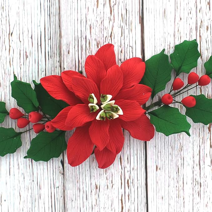 Global Sugar Art Large Poinsettia Christmas Kit Sugar Cake Flowers & Holly Leaf Sprays, 3 Piece Set by Chef Alan Tetreault. Perfect for Christmas Cake Decorations, Yule Logs and more.