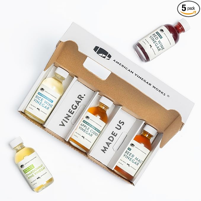 American Vinegar Works - Essentials Plus Vinegar Sampler Pack - Includes Apple Cider, Red Wine, Champagne Chardonnay Wine, Rice Wine, and Malt Vinegars - Great for Gifts - 2oz Bottles - 5 Pack