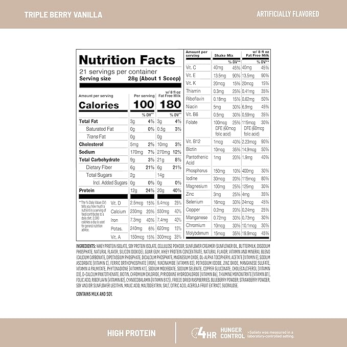 SlimFast High Protein Smoothie Mix Plus Fruit Powder, High Protein Meal Replacement Powder, Fiber, Vitamin C, 21 Servings, 1.29 Pounds, Triple Berry Vanilla (Packaging May Vary)