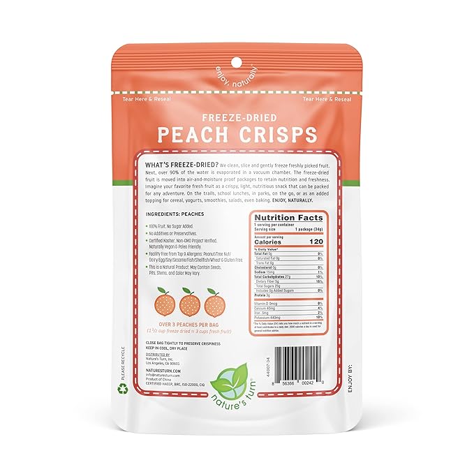 Nature's Turn Freeze-Dried Fruit Snacks, Peach Crisps, Pack of 6 (1.2 oz Each)