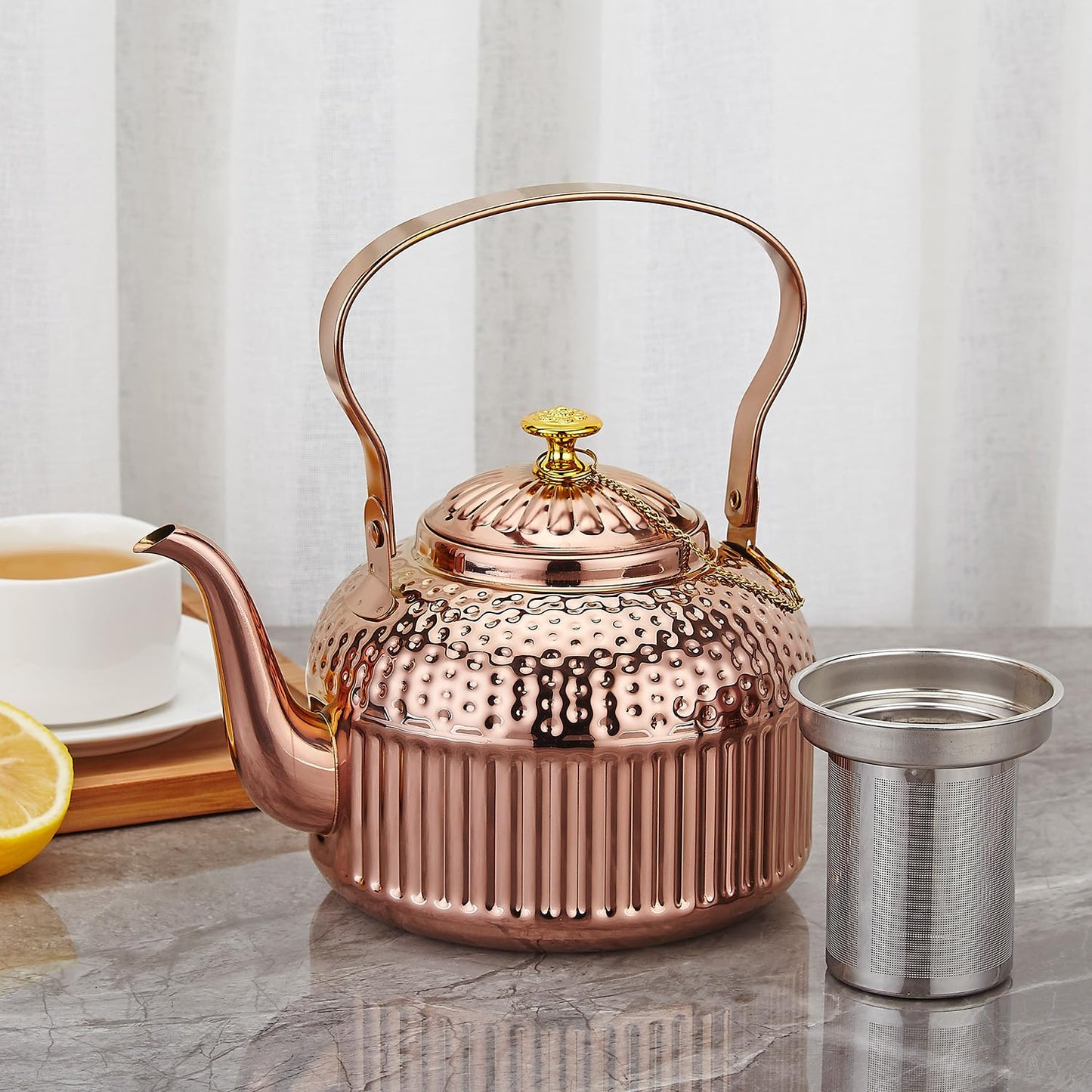SANQIAHOME Antique 1.4L (45 Oz) Stainless Steel Teapot with Infuser Copper