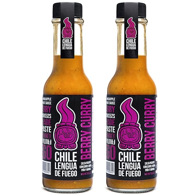 Hot Sauce | Chile Lengua de Fuego (Pack of 2, Berry Curry) – Medium Heat Fruit & Curry Sauce with Mango, Blackberry, Pineapple & Scotch Bonnet