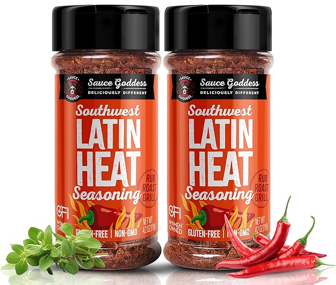 Sauce Goddess Southwest Latin Heat Shaker (2-Pack) - BBQ Rub with Tons of Cumin and Oregano Flavor, Cayenne, and New Mexican Red Chiles. No Sugar, Low in Sodium, Gluten-Free