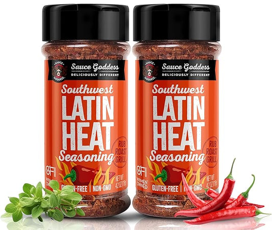 Sauce Goddess Southwest Latin Heat Shaker (2-Pack) - BBQ Rub with Tons of Cumin and Oregano Flavor, Cayenne, and New Mexican Red Chiles. No Sugar, Low in Sodium, Gluten-Free