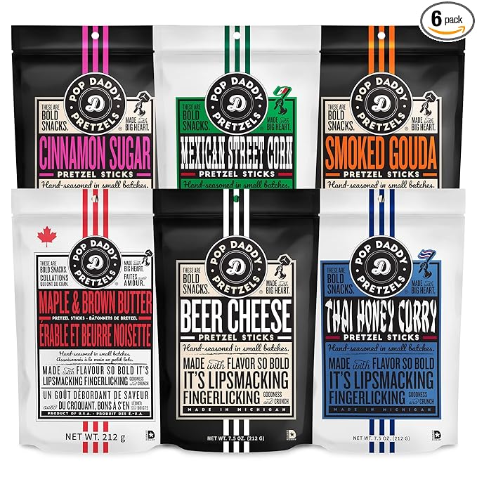 Pop Daddy Flavored Pretzel Sticks, Healthy Gourmet Pretzels, 7.5oz Variety Pack, 6 Pack, Thai Honey Curry, Maple & Brown Butter, Mexican Street Corn, Beer Cheese, Cinnamon, Smoked Gouda