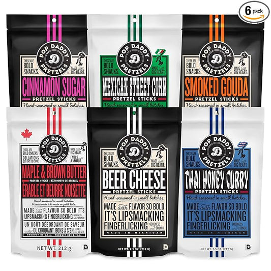 Pop Daddy Flavored Pretzel Sticks, Healthy Gourmet Pretzels, 7.5oz Variety Pack, 6 Pack, Thai Honey Curry, Maple & Brown Butter, Mexican Street Corn, Beer Cheese, Cinnamon, Smoked Gouda
