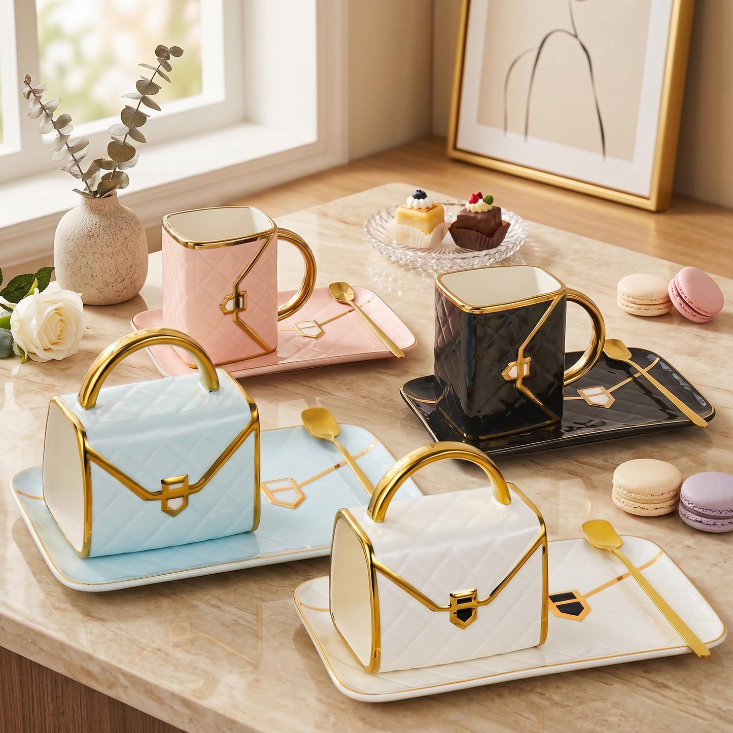 Fovima Handbag Coffee Mug Set,Four 10 oz Ceramic Cups with Saucers & Spoons