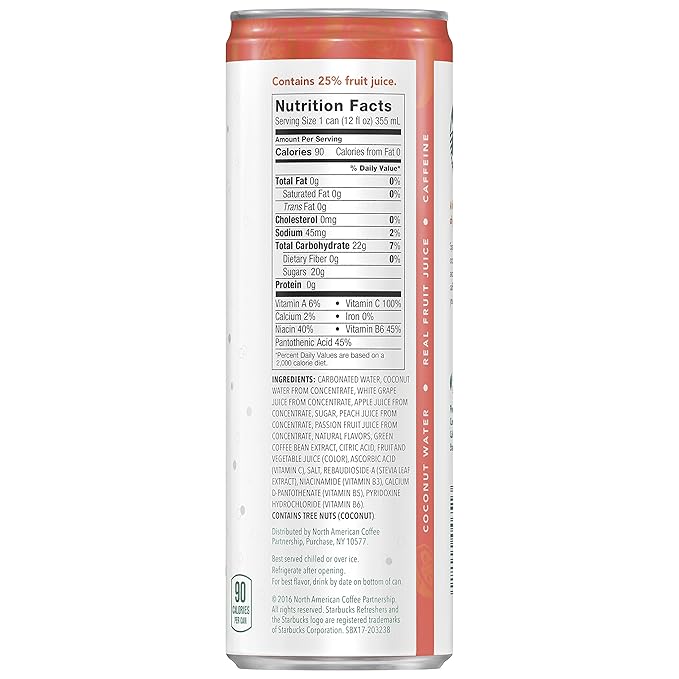 Starbucks - RTD Coffee, Refreshers with Cocounut Water, Peach Passion Fruit, 12 fl oz. cans (12 Pack) (Packaging May Vary)