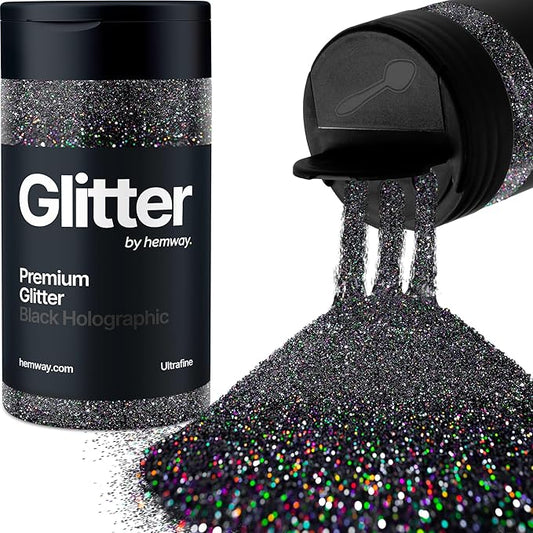 Hemway Premium Glitter Shaker - Black Holographic | Ultrafine Metallic Flake Sequins for Resin & Epoxy Crafts | Craft Supplies for Tumblers, Festival, Face, Body, Eye & Nail Art Decoration | 115 g