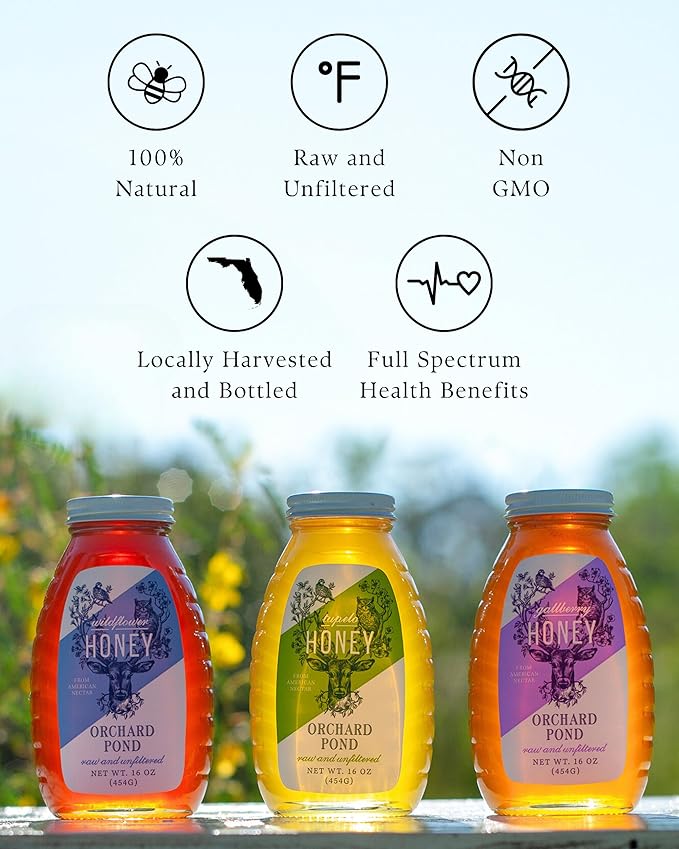 Orchard Pond Raw Wildflower Honey - Pure & Unfiltered, Locally Sourced with Diverse Floral Flavors, 16 ounce