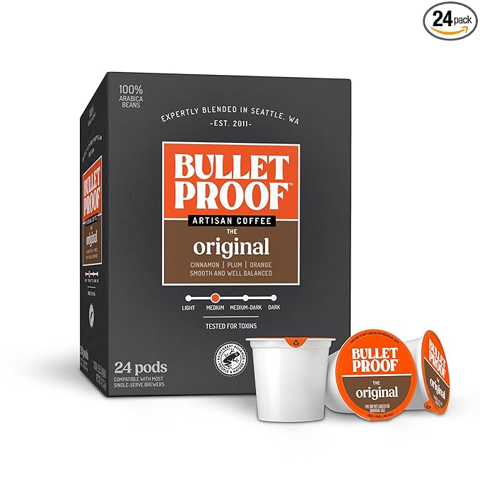 Bulletproof Original Medium-Roast Single-Serve Coffee Pods, 24 Count, 100% Arabica Beans, Clean Coffee Tested for Toxins, Packaging May Vary