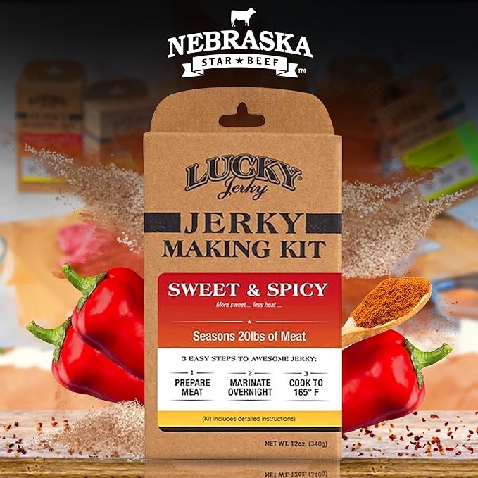 Lucky Jerky Sweet & Spicy DIY Jerky Seasoning Kit - Seasons 20lbs of Meat | Easy-to-Use Kit for Homemade Beef Jerky | Create Delicious, Customized Jerky with Teriyaki, Brown Sugar, and Red Pepper Heat
