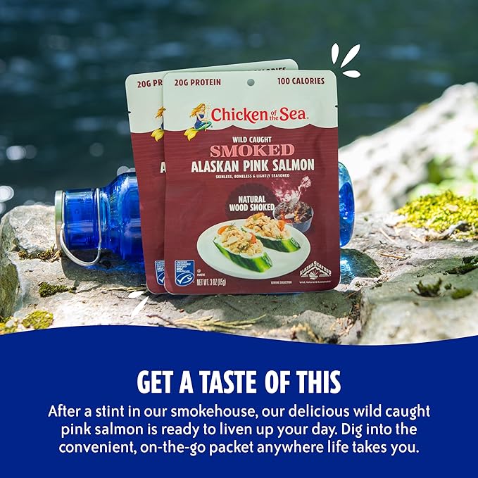 Chicken of the Sea Smoked Alaskan Pink Salmon, 3 Ounce Packets (Pack of 12), Wild Caught Salmon, Natural Wood Smoke