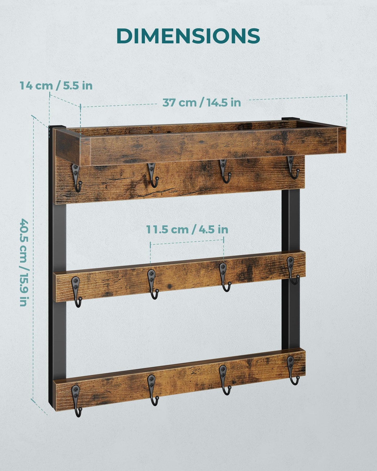 OROPY Coffee Mug Rack Wall Mounted, Rustic Wood Cups Rack, 12 Hooks & Shelf