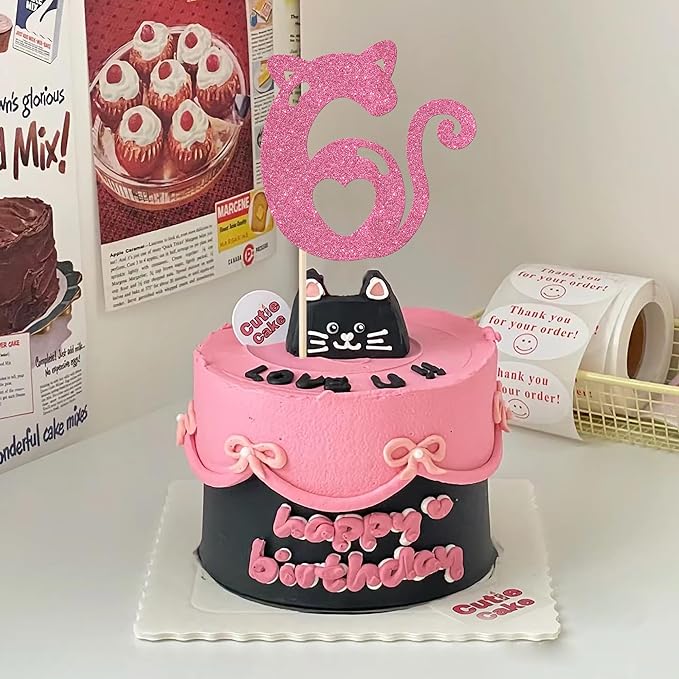 1 Pack 6th Cake Topper Glitter Cat Birthday Cake Pick Cute Pet Cat Cake Decoration for Cat Theme Baby Shower Kids Six Birthday Wedding Party Cake Decorations Supplies Pink