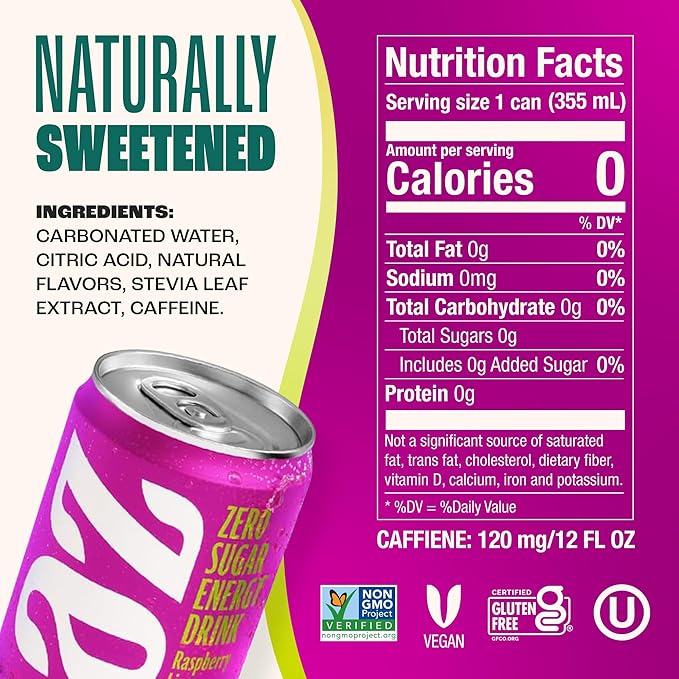 Zevia Zero Sugar Energy Drink, Raspberry Lime, 12 oz Cans (12-Pack) – Naturally Sweetened, Zero