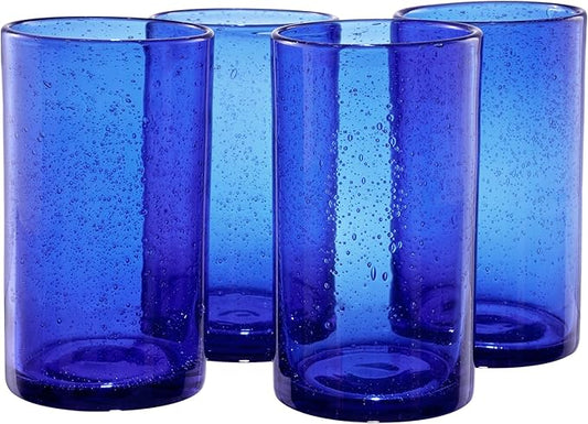 Artland 17oz Highball Tumbler, Set of 4 | Iris Seeded Design, Cobalt Blue | Drinking Glass for Parties and Everyday Use - Mojito, Whiskey, Cocktail | Glassware & Kitchenware Essentials