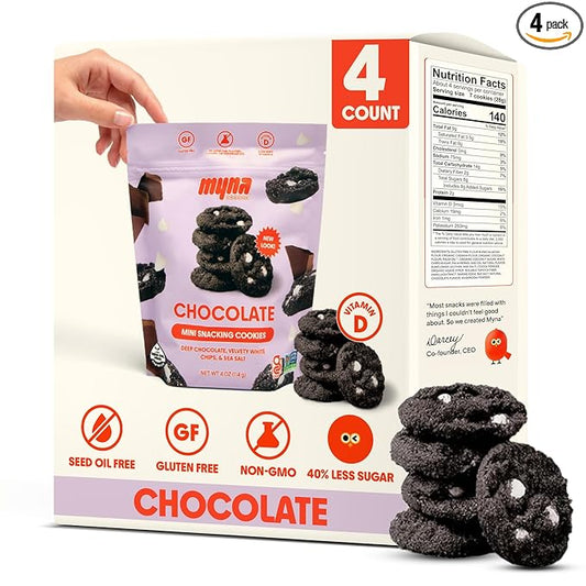 Myna Snacks Midnight Mini Snacking Cookies - Seed Oil Free Snacks - Gluten and Dairy Free Snack - Chocolate Cookies w/White Chips - Healthy Dessert - Sweet Cookie Bites, 16oz (Pack of Four, 4oz Bags)