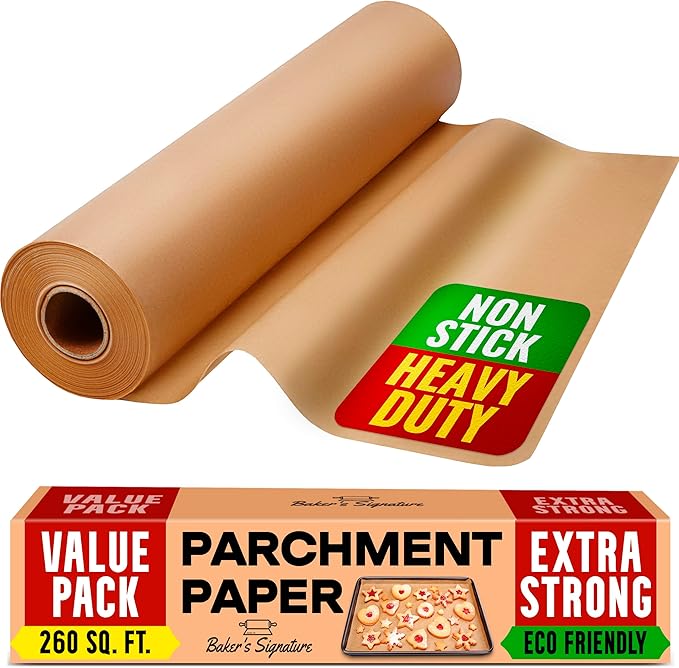 260 Sq.Ft Unbleached Parchment Paper for Baking ??Roll with Cutter, Heavy Duty Non-Stick Brown Parchment for Baking, Cooking, Grilling, Steaming and Air Fryer, 15in x 210ft by Baker?™s Signature