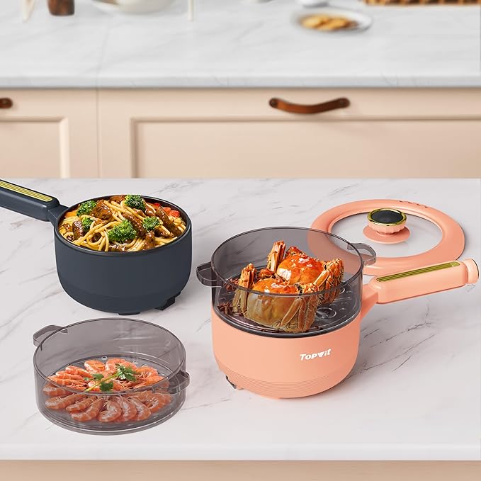 TOPWIT Hot Pot Electric with Steamer, ?윇?릩 Electric Pot, Non-Stick Portable Cooker, Portable Pot, Saut챕 Pan for Steak, Egg, Ramen, Soup with Dual Power Control (Silicone Spatula Included), Peach