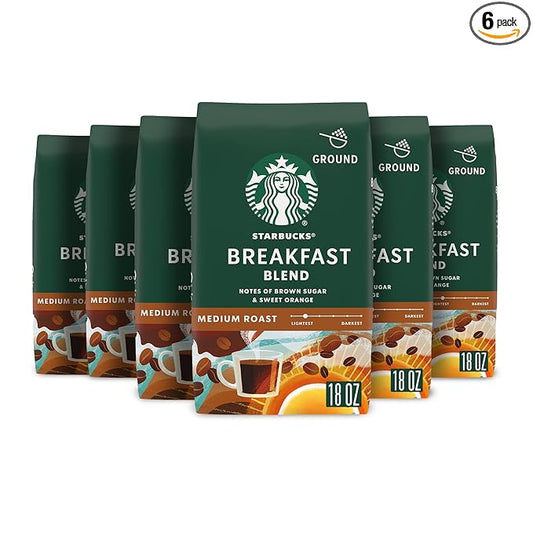 Starbucks Ground Coffee, Medium Roast Coffee, Breakfast Blend, 100% Arabica, 6 bags (18 oz each)