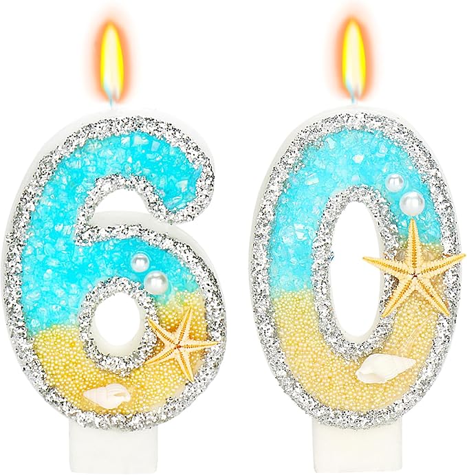 Birthday Candle for Cake, Beach Starfish Sequins Candles, 2.76 inch Cake Topper Decoration for Birthday Party (Number 60)