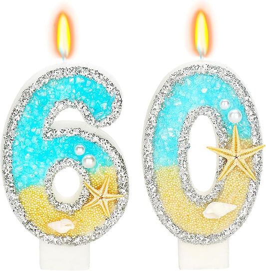 Birthday Candle for Cake, Beach Starfish Sequins Candles, 2.76 inch Cake Topper Decoration for Birthday Party (Number 60)