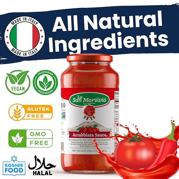 La San Marzano Arrabiata Sauce, 24 oz, Pasta Sauce Made in Italy, All Purpose Tomato Premium Quality, All Natural, Mediterranean Diet, Non GMO, Vegan, Gluten Free