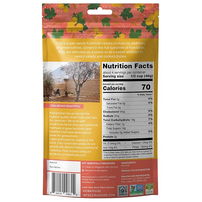 Ziba Foods Kishmish Raisins | Non-GMO, Vegan, Whole 30 Friendly & Paleo | Superfood Dry Fruit Raisins No Sugar Added & Naturally High in Fiber, Iron and Immune Boosting Antioxidants, 5.3 oz